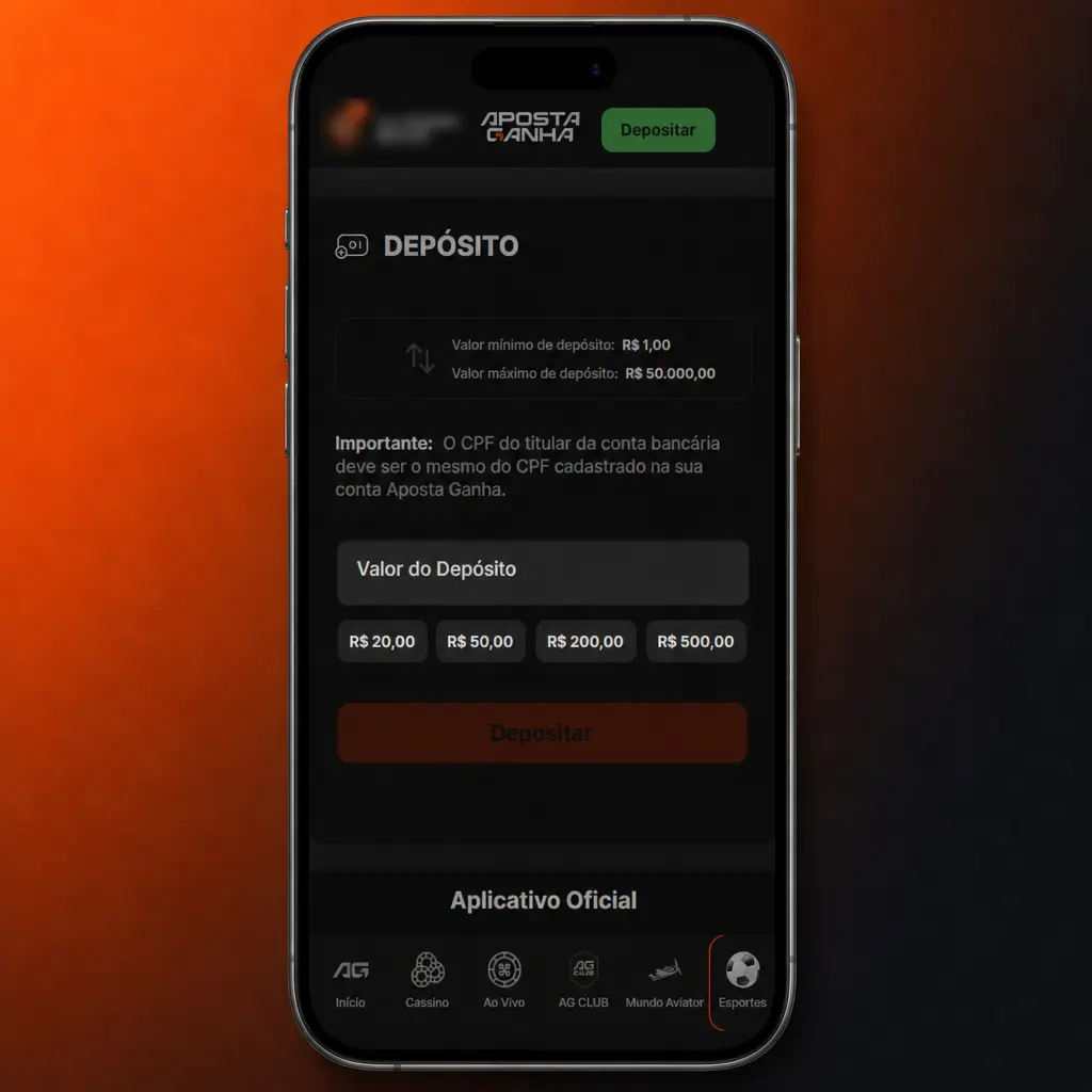 Passo a passo para fazer um depósito via Pix no aplicativo Aposta Ganha, mostrando o menu de depósito na conta.