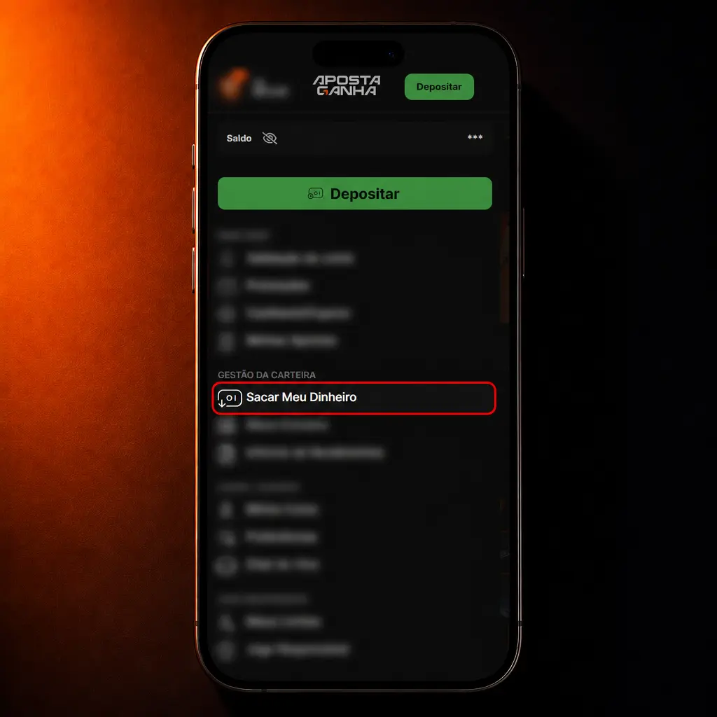 Tela do aplicativo Aposta Ganha mostrando o passo a passo para sacar fundos via Pix, Astro Pay ou criptomoeda.