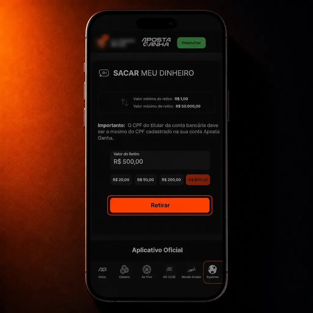 Tela do aplicativo Aposta Ganha mostrando o passo a passo para sacar fundos via Pix, Astro Pay ou criptomoeda.