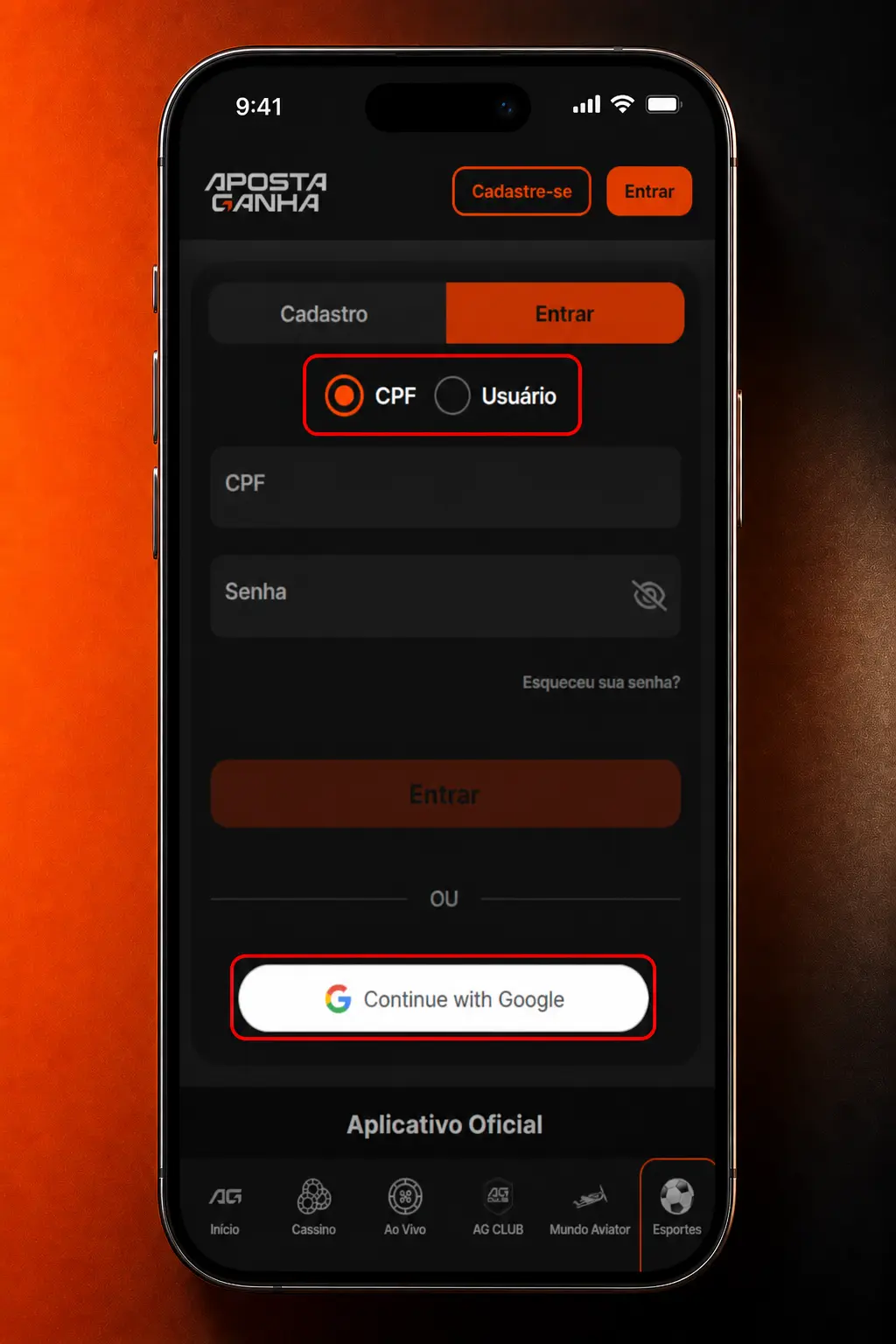 Tela de login do Aposta Ganha App mostrando campos para CPF ou e-mail e senha de acesso.