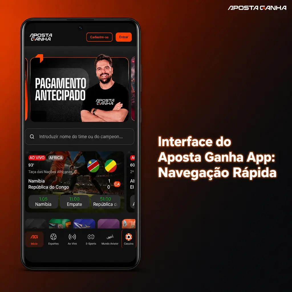 Interface do app Aposta Ganha com abas fixas para esportes, cassino e apostas ao vivo, destacando odds e saldo